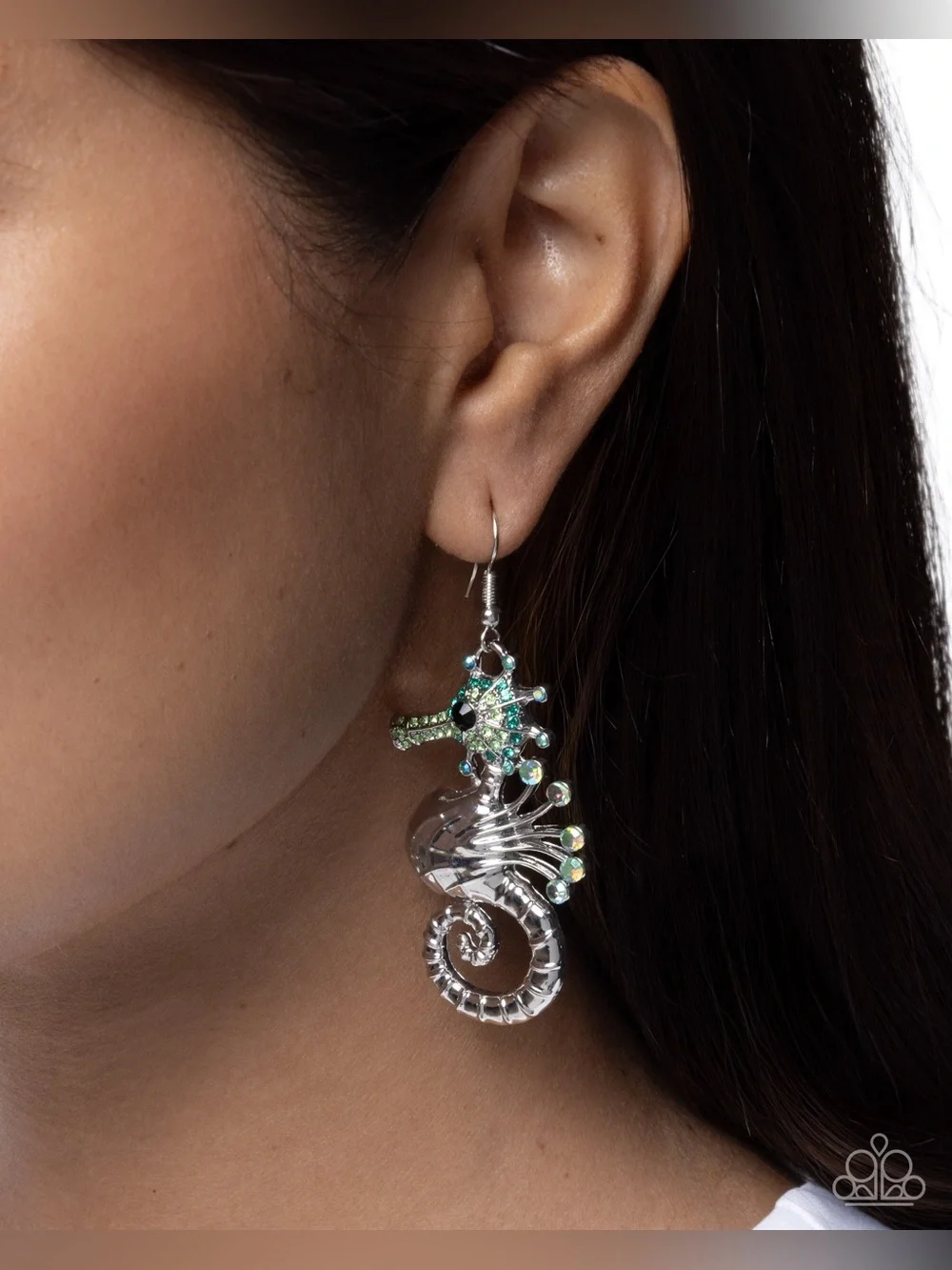 Silver Seashore Seahorse Earrings with Green Crystal Accents